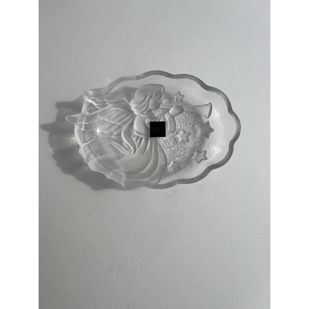 Mikasa Frosted Textured Glass‎ Angel Gabriel Trumpet Stars Oval Candy Dish 6"